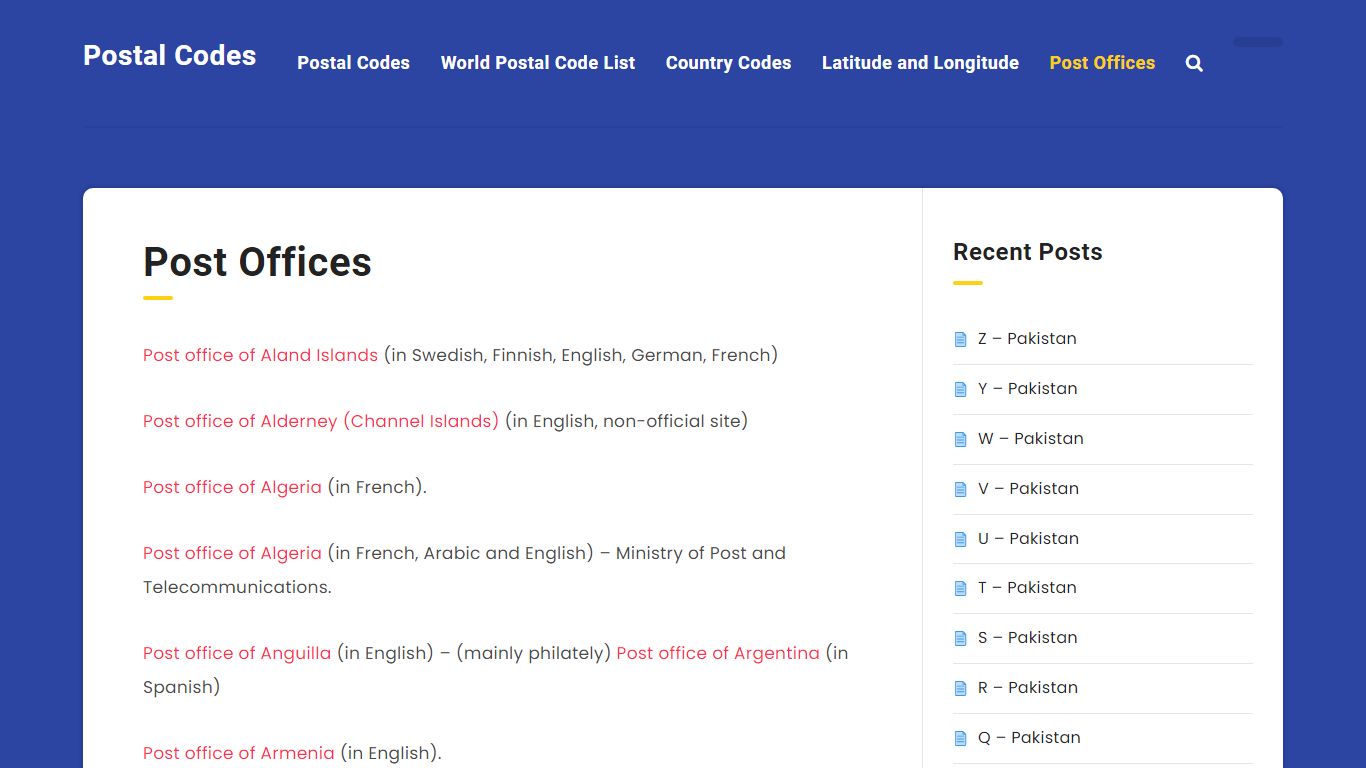 Post Offices – Postal Codes