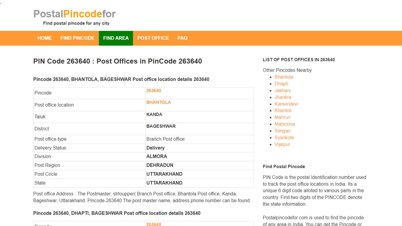 PIN Code 263640 : Post Offices in PinCode 263640